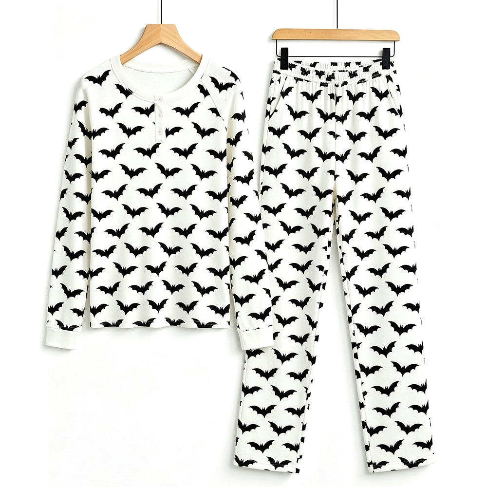 Spooky Halloween Black Bat Print Matching Family Pajama Set, Long Sleeve Henley Cotton Loungewear