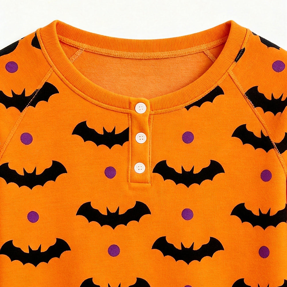 Vibrant Halloween Bat & Polka Dot Print Matching Family Pajama Set, Long Sleeve Henley Cotton Loungewear