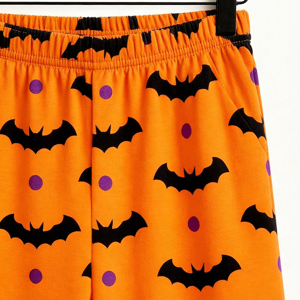 Vibrant Halloween Bat & Polka Dot Print Matching Family Pajama Set, Long Sleeve Henley Cotton Loungewear
