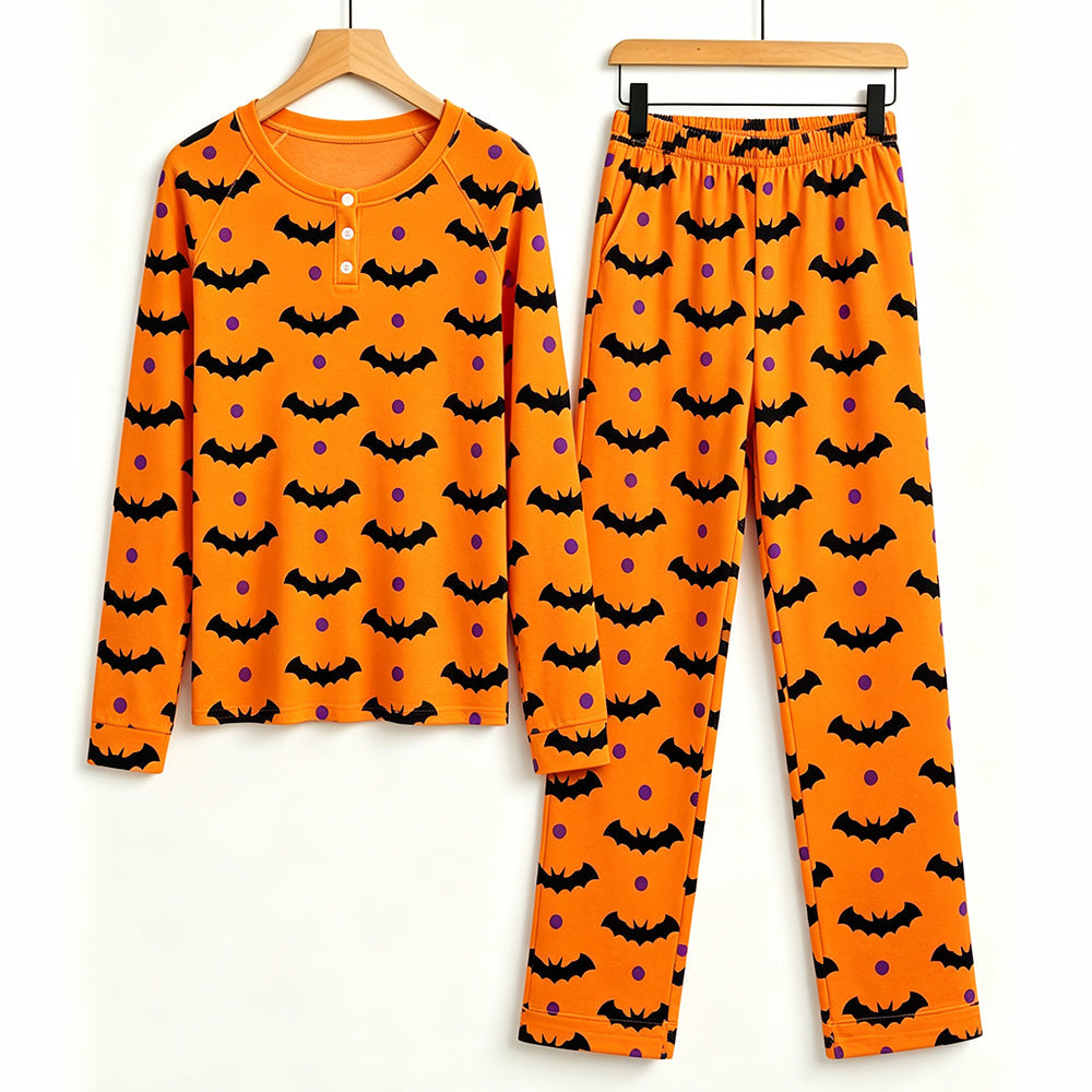 Vibrant Halloween Bat & Polka Dot Print Matching Family Pajama Set, Long Sleeve Henley Cotton Loungewear