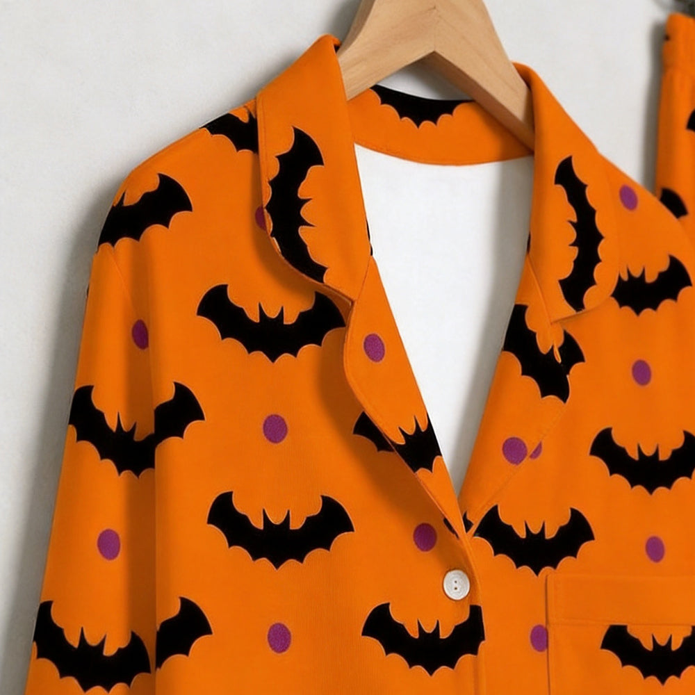 Vibrant Halloween Bat & Polka Dot Print Matching Family Pajama Set, Button-Down Cotton Loungewear