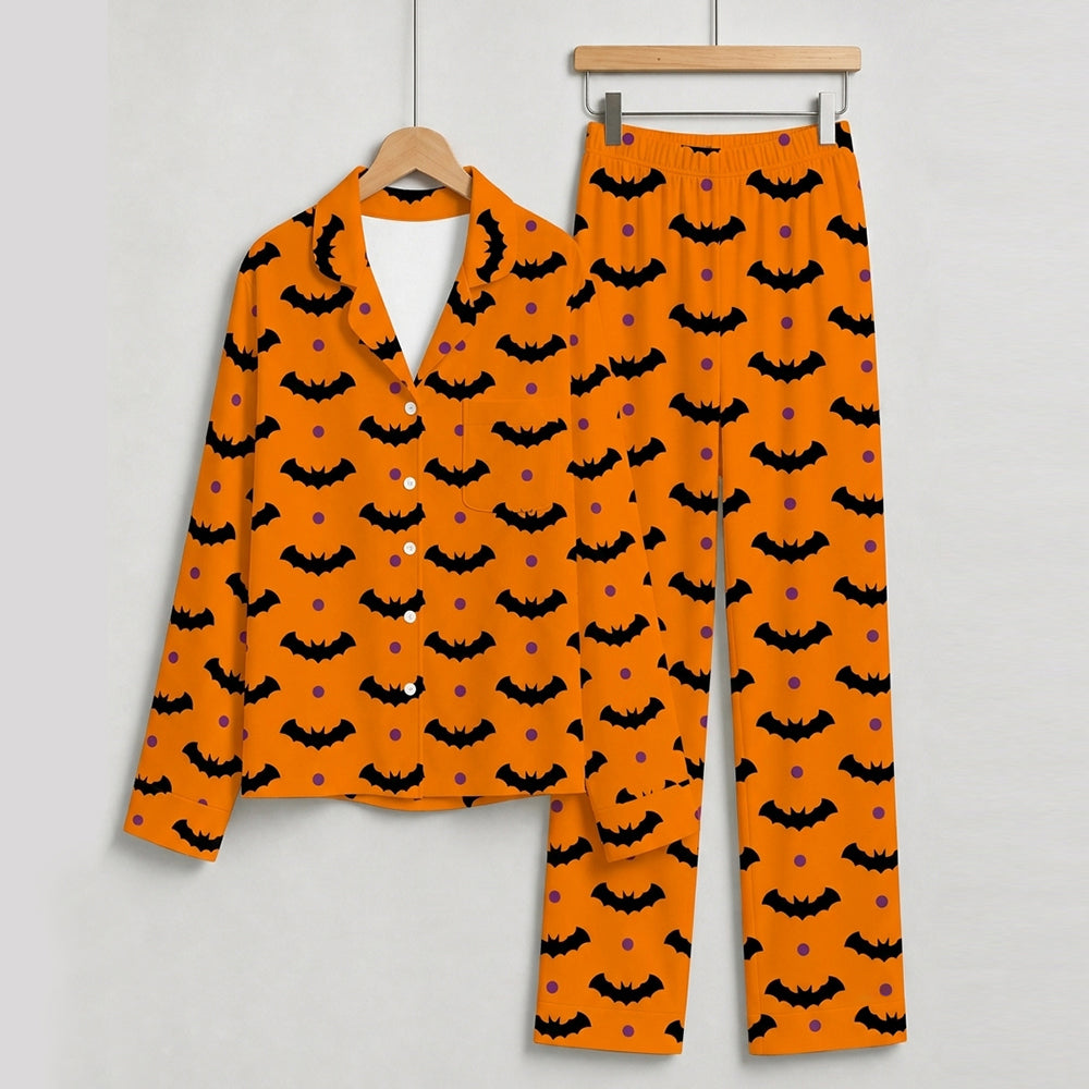 Vibrant Halloween Bat & Polka Dot Print Matching Family Pajama Set, Button-Down Cotton Loungewear