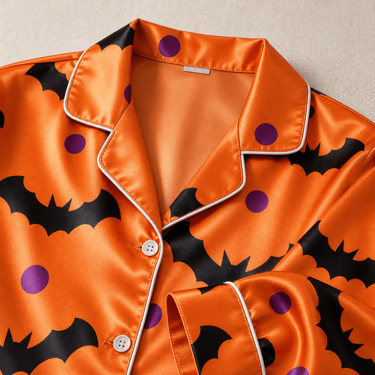 Bat and Polka Dot Satin Matching Pajamas for Couples – Long Sleeve Button-Down Top & Pants Sleepwear Set