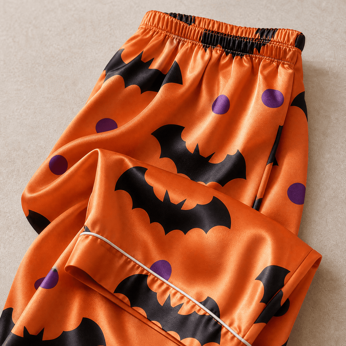 Bat and Polka Dot Satin Matching Pajamas for Couples – Long Sleeve Button-Down Top & Pants Sleepwear Set