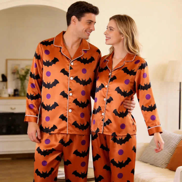 Bat and Polka Dot Satin Matching Pajamas for Couples – Long Sleeve Button-Down Top & Pants Sleepwear Set