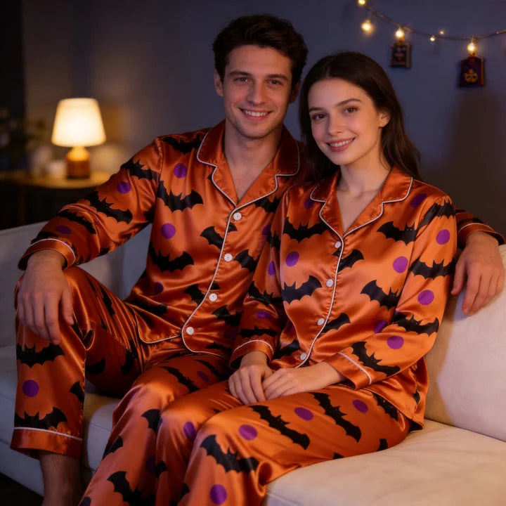 Bat and Polka Dot Satin Matching Pajamas for Couples – Long Sleeve Button-Down Top & Pants Sleepwear Set