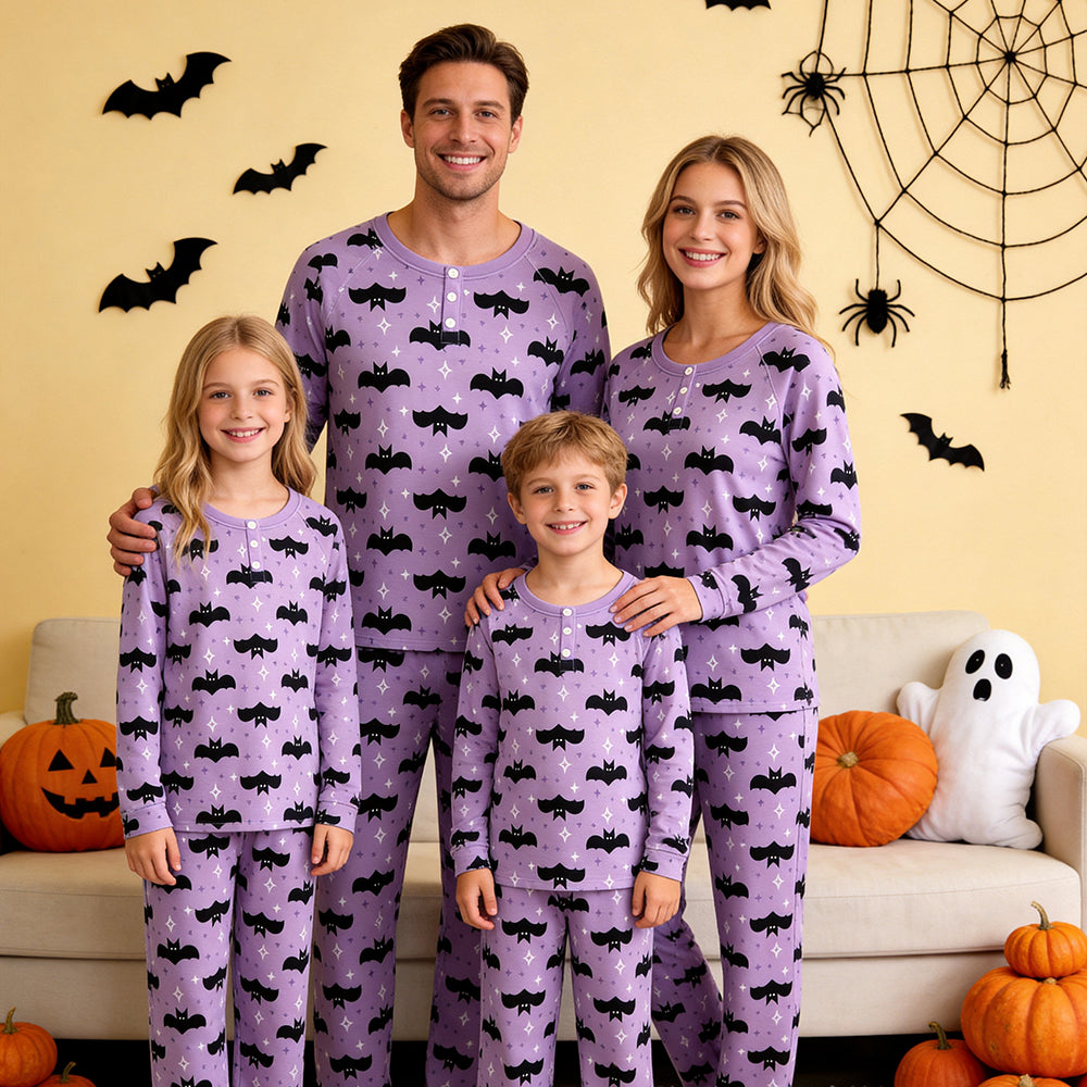 Whimsical Halloween Bat & Star Print Matching Family Pajama Set, Long Sleeve Henley Cotton Loungewear