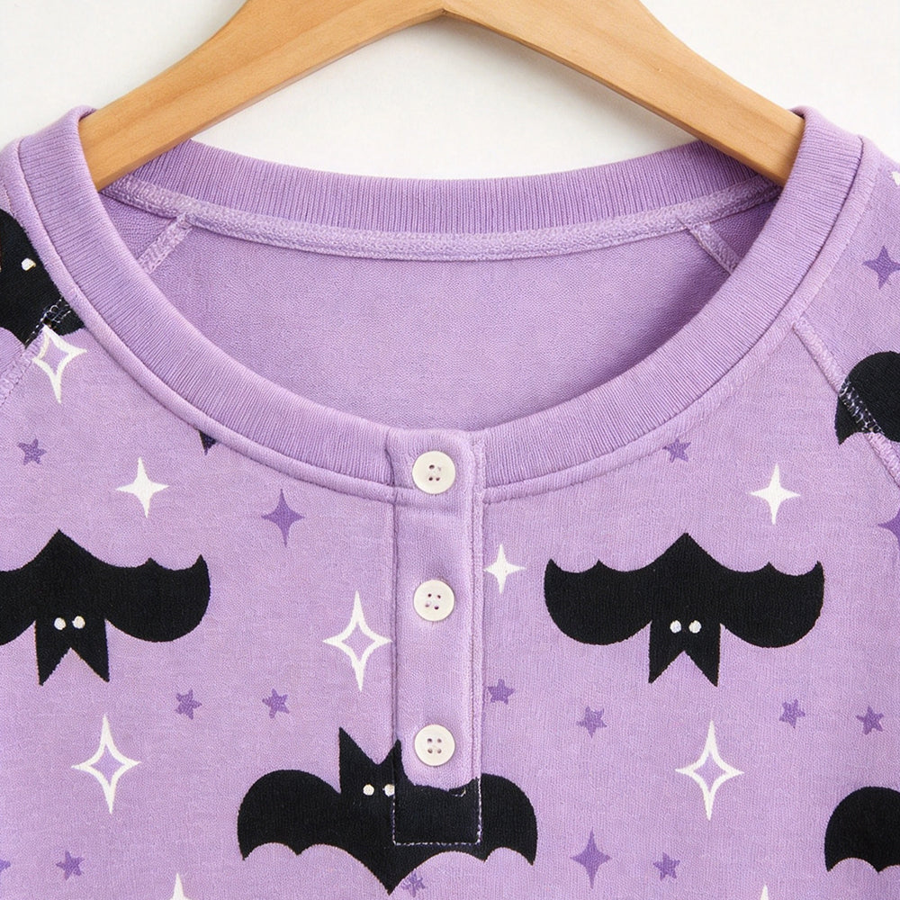 Whimsical Halloween Bat & Star Print Matching Family Pajama Set, Long Sleeve Henley Cotton Loungewear