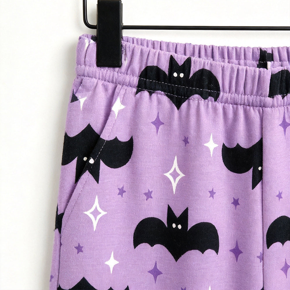 Whimsical Halloween Bat & Star Print Matching Family Pajama Set, Long Sleeve Henley Cotton Loungewear