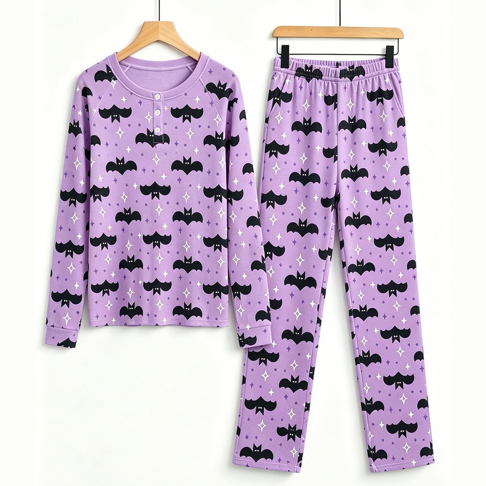 Whimsical Halloween Bat & Star Print Matching Family Pajama Set, Long Sleeve Henley Cotton Loungewear