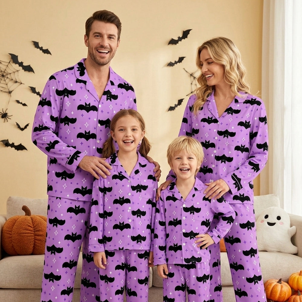 Magical Halloween Starry Bat Print Matching Family Pajama Set, Button-Down Cotton Loungewear