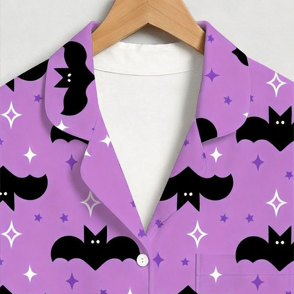 Magical Halloween Starry Bat Print Matching Family Pajama Set, Button-Down Cotton Loungewear