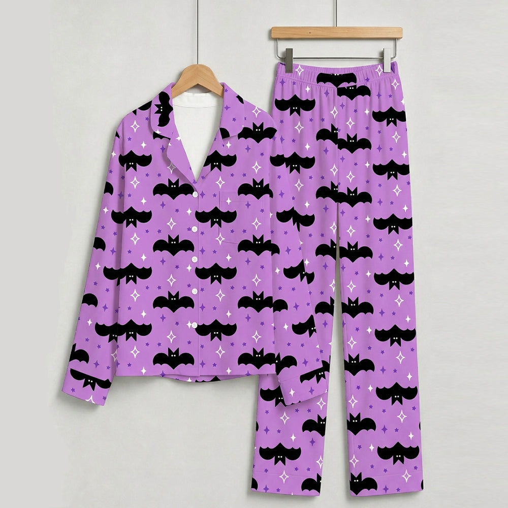 Magical Halloween Starry Bat Print Matching Family Pajama Set, Button-Down Cotton Loungewear