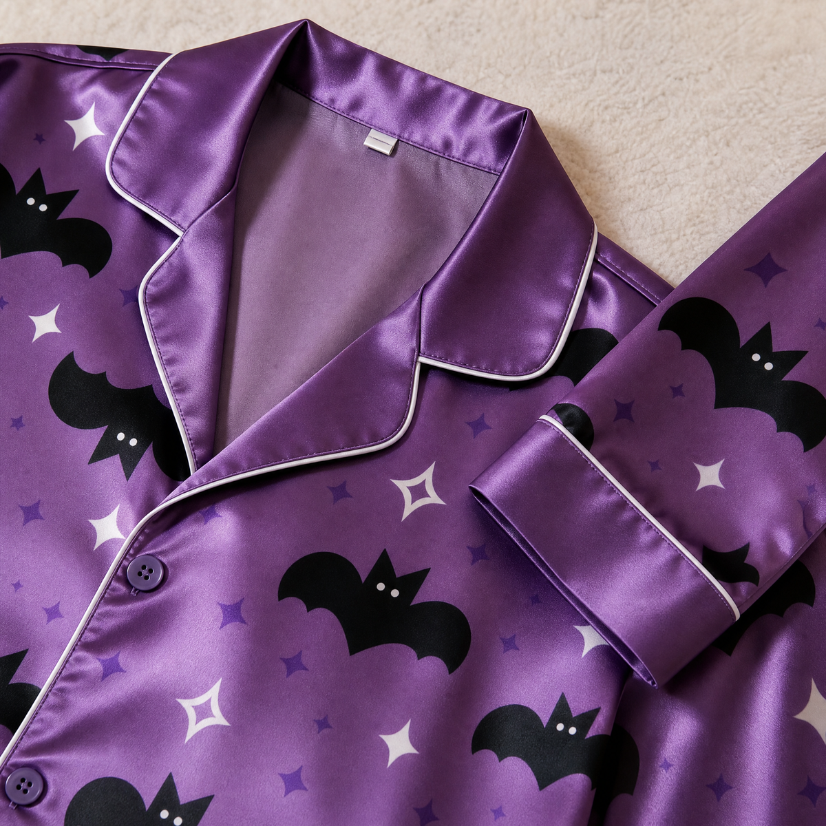 Bat and Star Print Satin Matching Pajamas for Couples – Long Sleeve Button-Down Top & Pants Sleepwear Set
