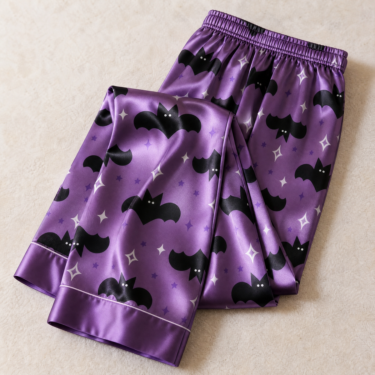 Bat and Star Print Satin Matching Pajamas for Couples – Long Sleeve Button-Down Top & Pants Sleepwear Set