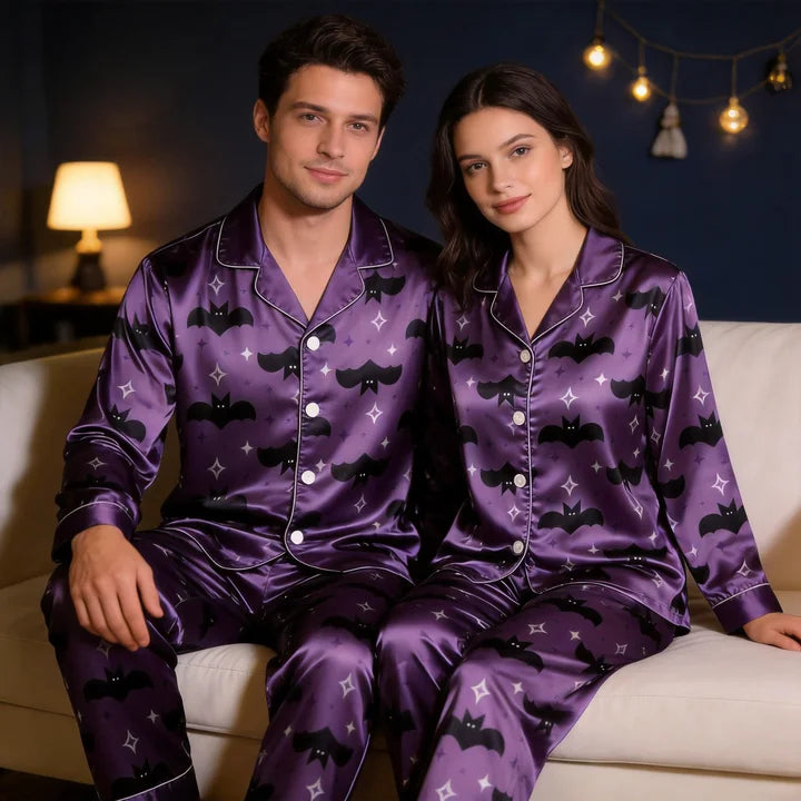 Bat and Star Print Satin Matching Pajamas for Couples – Long Sleeve Button-Down Top & Pants Sleepwear Set