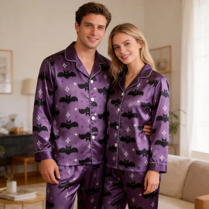 Bat and Star Print Satin Matching Pajamas for Couples – Long Sleeve Button-Down Top & Pants Sleepwear Set