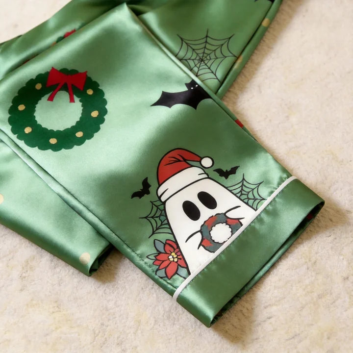 Spooky Holiday Print Satin Matching Pajamas for Couples – Long Sleeve Button-Down Top & Pants Sleepwear Set