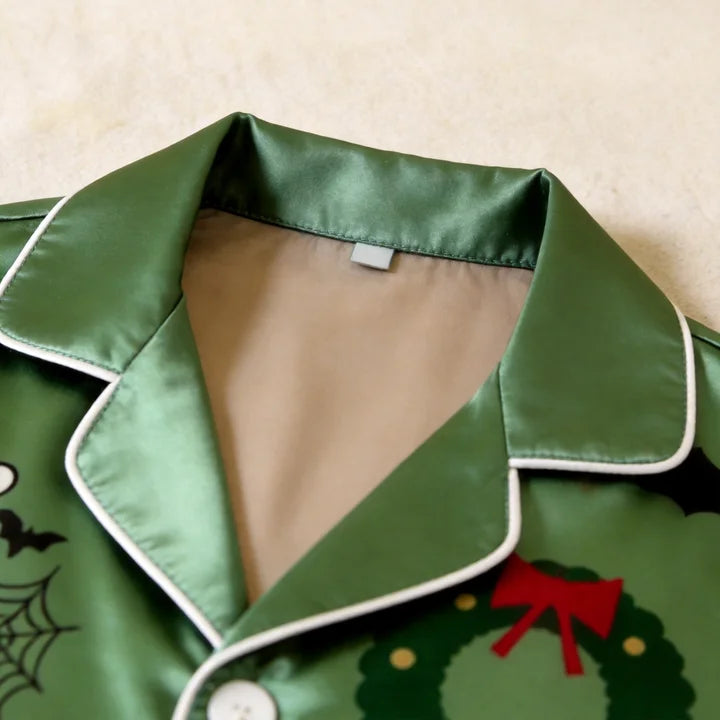 Spooky Holiday Print Satin Matching Pajamas for Couples – Long Sleeve Button-Down Top & Pants Sleepwear Set
