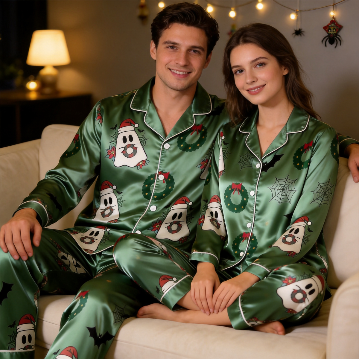 Spooky Holiday Print Satin Matching Pajamas for Couples – Long Sleeve Button-Down Top & Pants Sleepwear Set