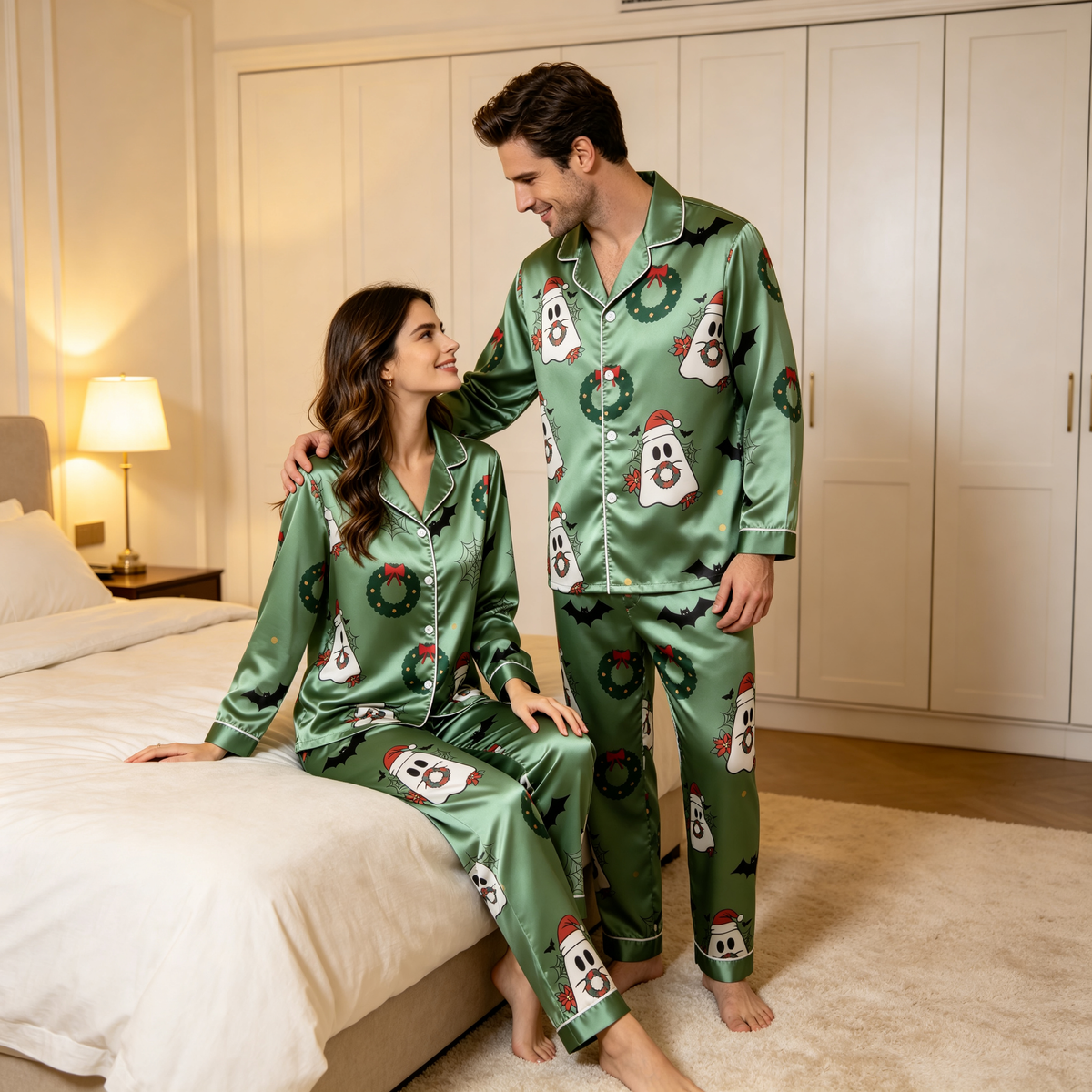Spooky Holiday Print Satin Matching Pajamas for Couples – Long Sleeve Button-Down Top & Pants Sleepwear Set