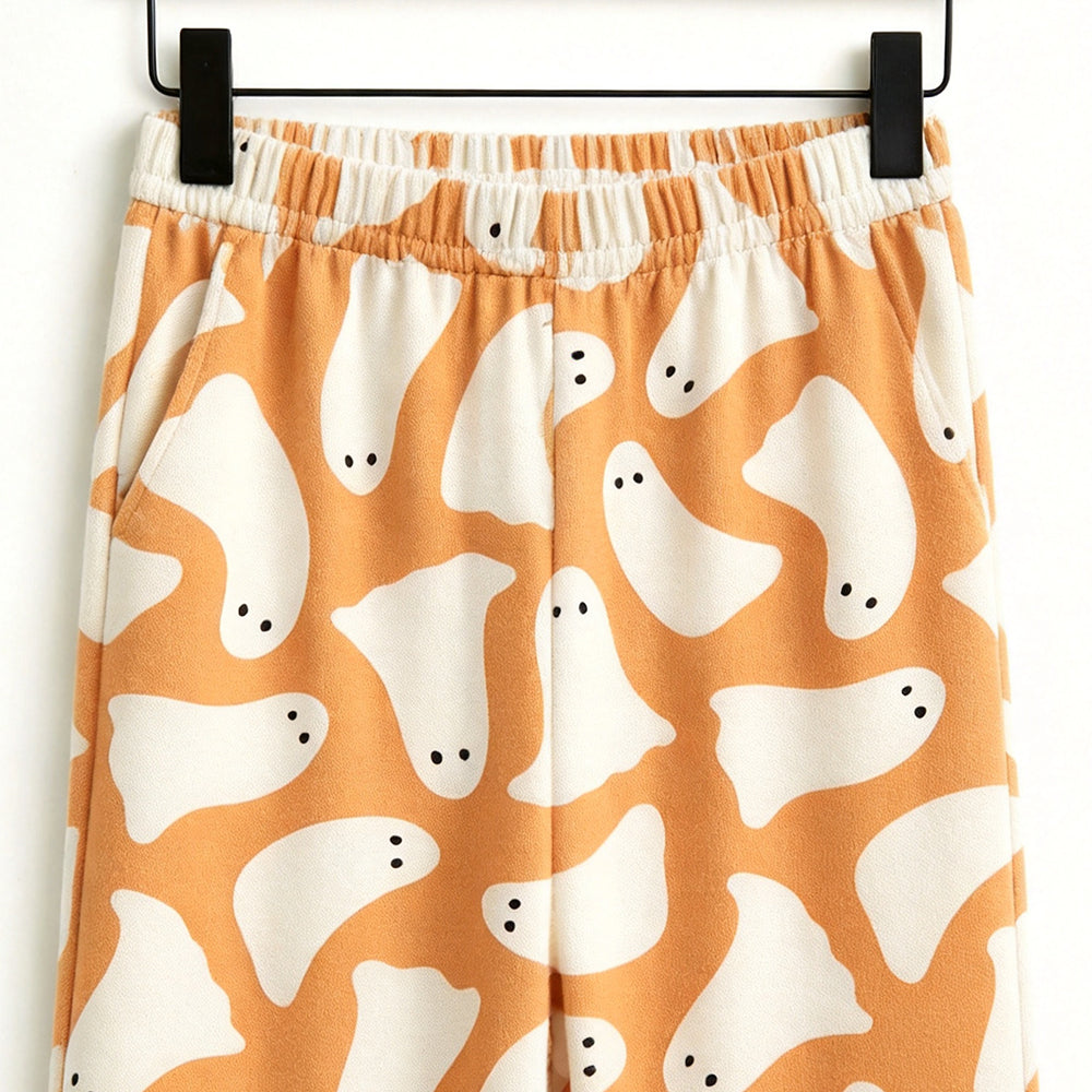 Playful Halloween Ghost Print Matching Family Pajama Set, Long Sleeve Henley Cotton Loungewear
