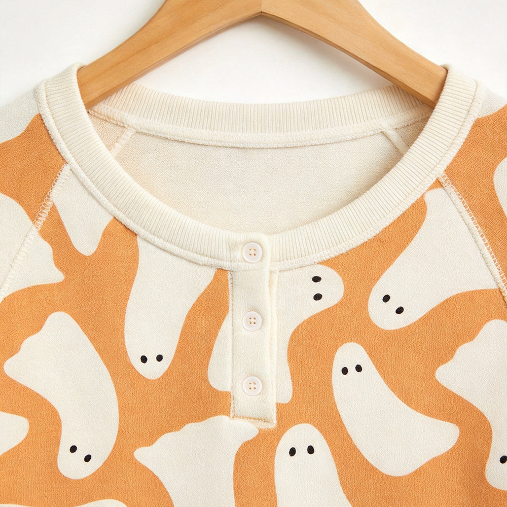 Playful Halloween Ghost Print Matching Family Pajama Set, Long Sleeve Henley Cotton Loungewear