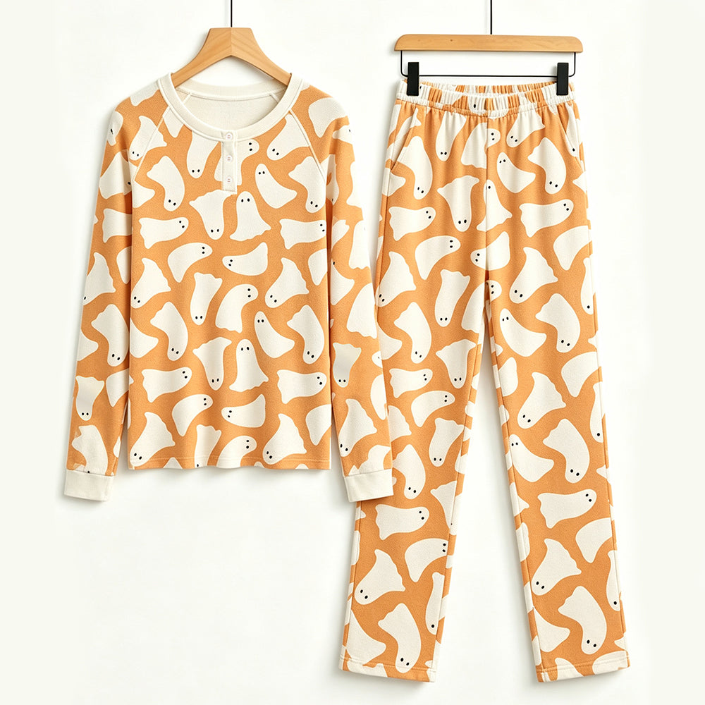 Playful Halloween Ghost Print Matching Family Pajama Set, Long Sleeve Henley Cotton Loungewear