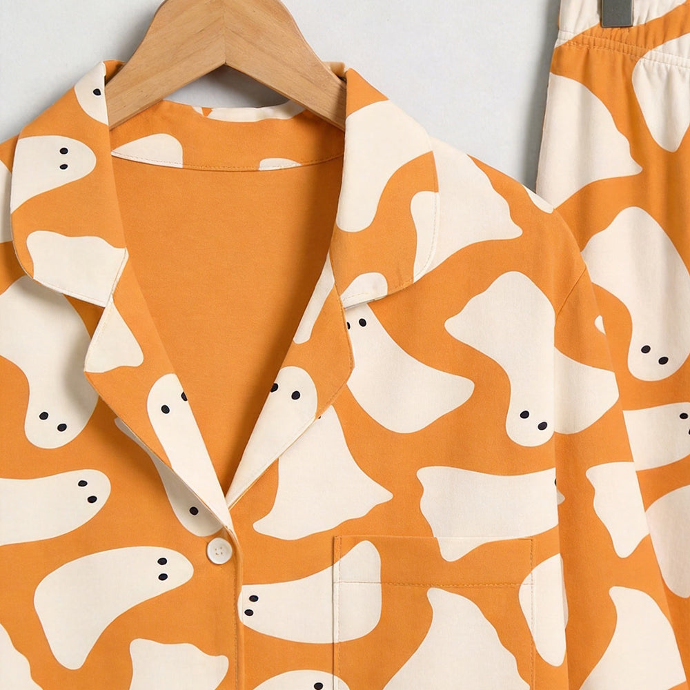 Cute Halloween Ghost Print Matching Family Pajama Set, Button-Down Cotton Loungewear
