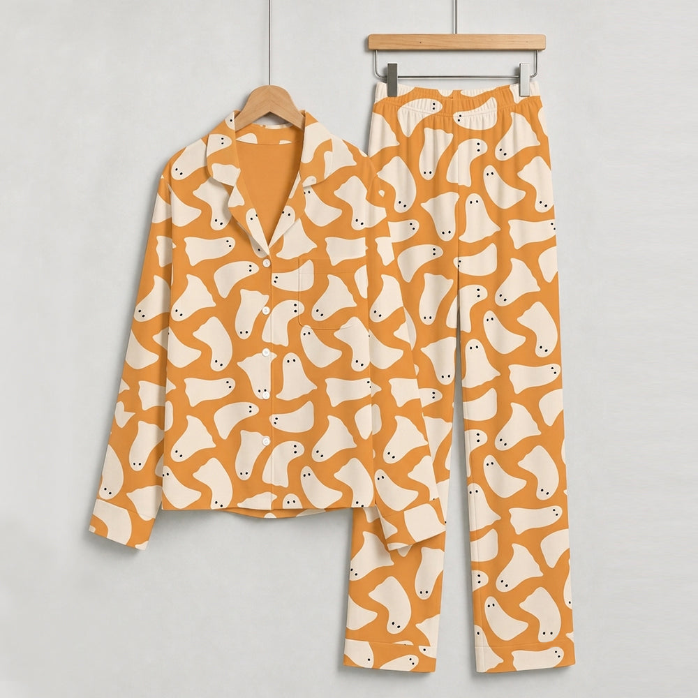 Cute Halloween Ghost Print Matching Family Pajama Set, Button-Down Cotton Loungewear