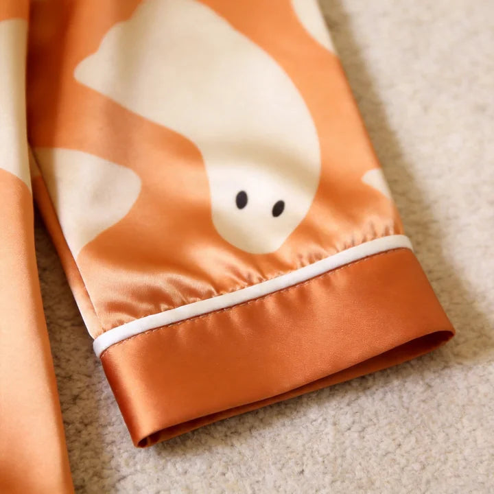 Ghost Print Satin Matching Pajamas for Couples – Long Sleeve Button-Down Top & Pants Sleepwear Set