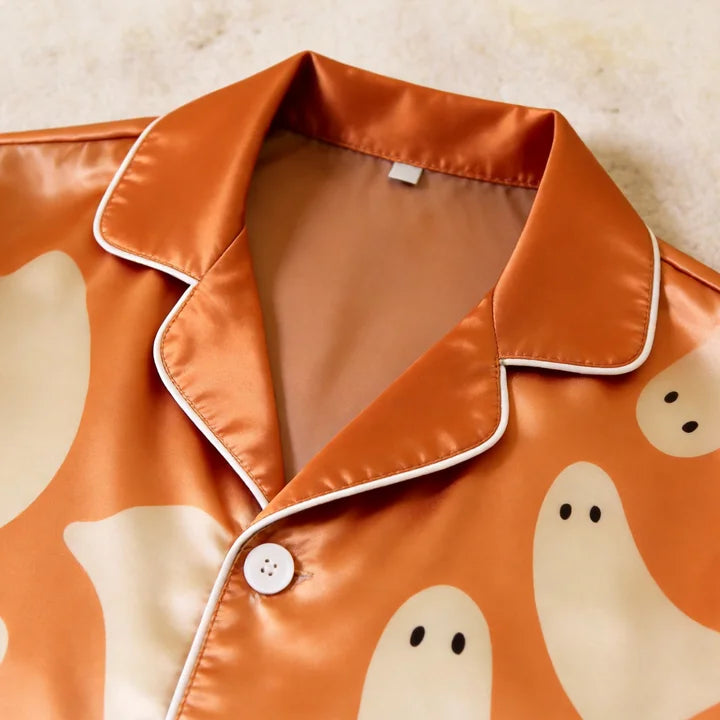 Ghost Print Satin Matching Pajamas for Couples – Long Sleeve Button-Down Top & Pants Sleepwear Set