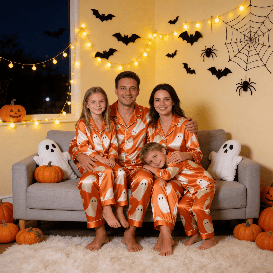 Orange Ghost Print Satin Button-Up Family Halloween Pajamas Set