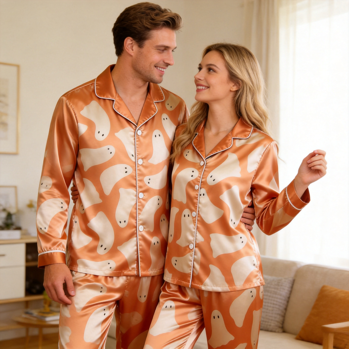 Ghost Print Satin Matching Pajamas for Couples – Long Sleeve Button-Down Top & Pants Sleepwear Set