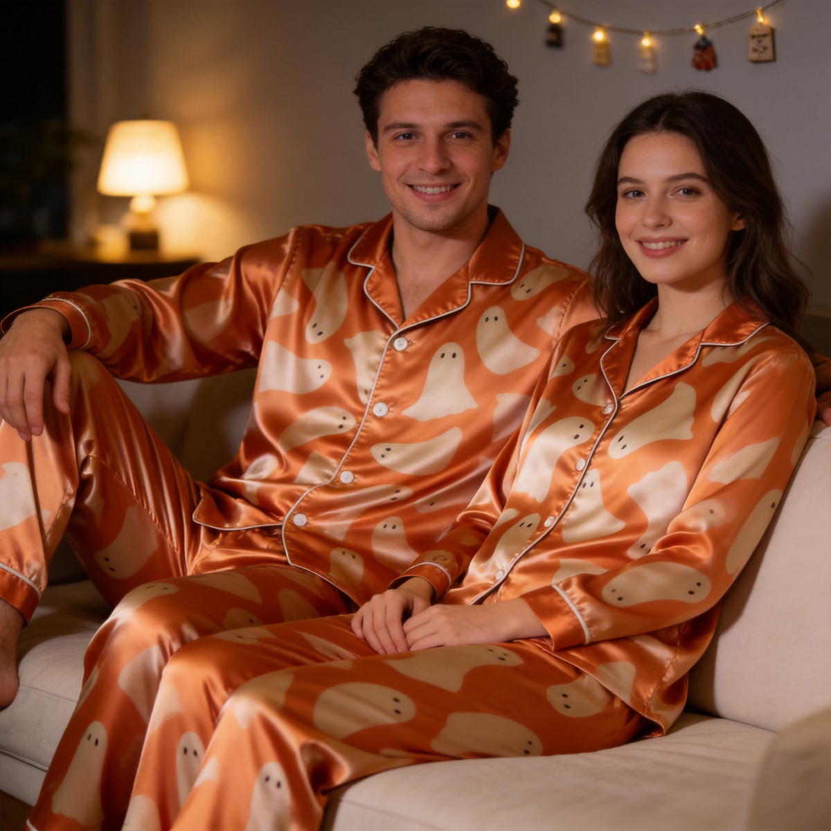 Ghost Print Satin Matching Pajamas for Couples – Long Sleeve Button-Down Top & Pants Sleepwear Set