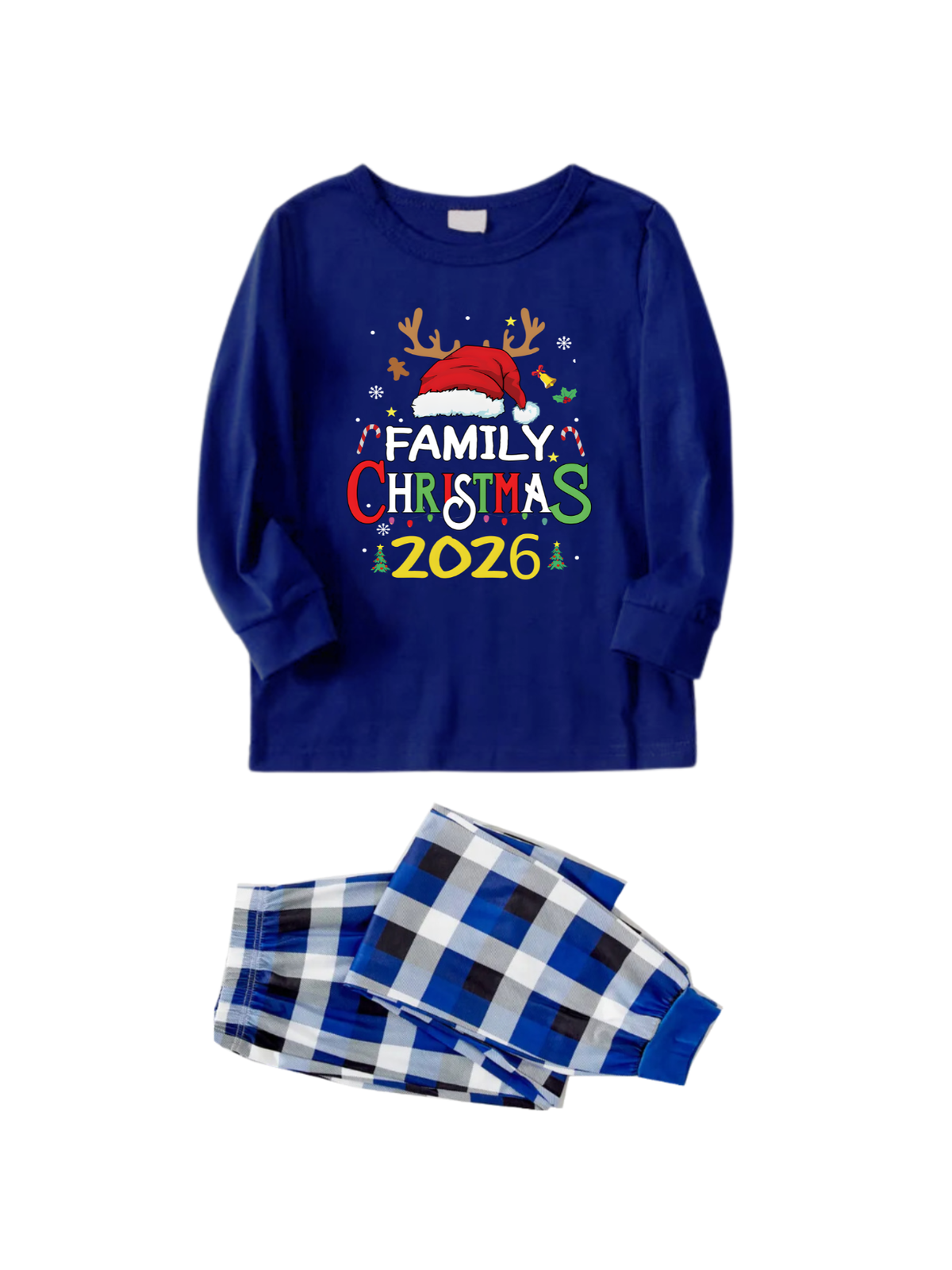 Family Matching Christmas Pajama Set 2026, Navy Christmas Letter Print Long?Sleeve Top, Blue White Plaid Pants With Pockets, Cozy Holiday Family Sleepwear for Xmas Photos