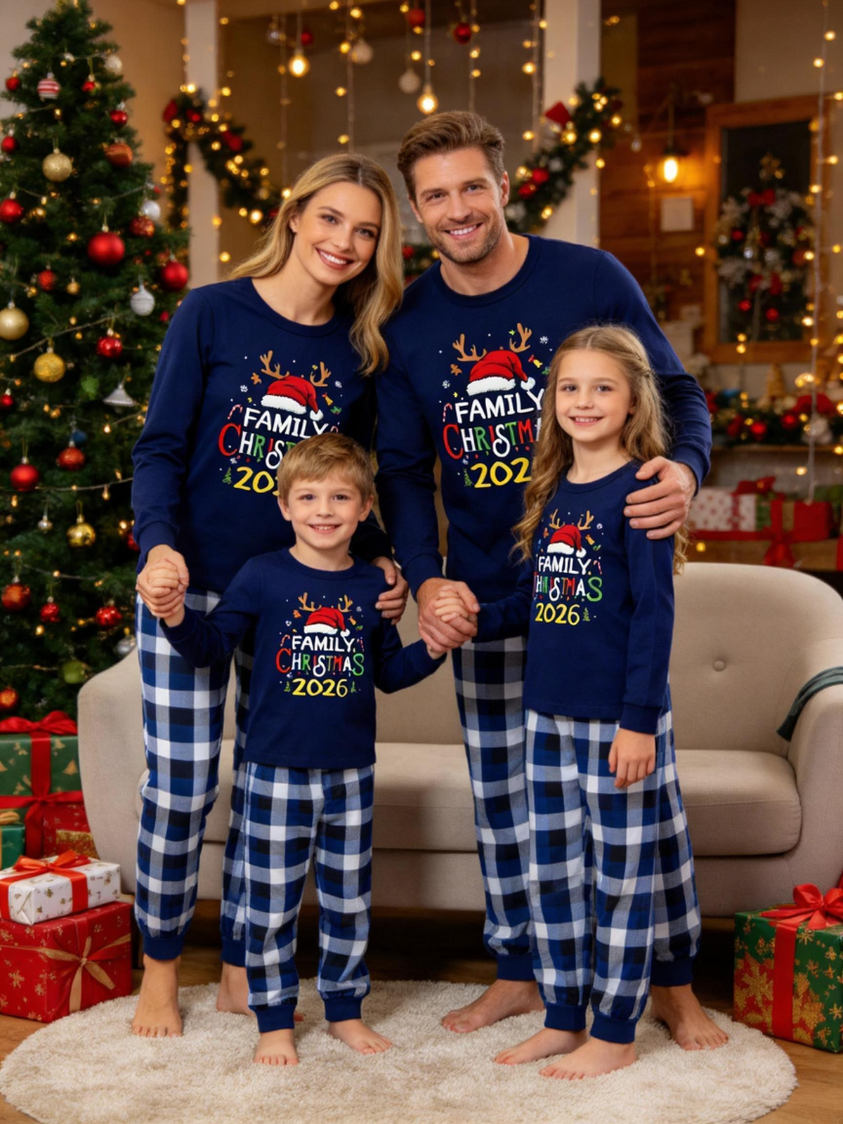 Family Matching Christmas Pajama Set 2026, Navy Christmas Letter Print Long?Sleeve Top, Blue White Plaid Pants With Pockets, Cozy Holiday Family Sleepwear for Xmas Photos