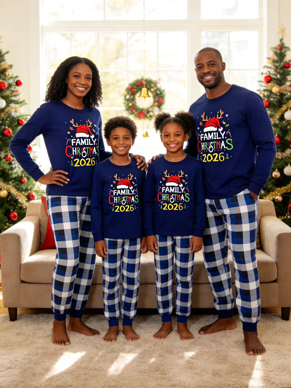 Family Matching Christmas Pajama Set 2026, Navy Christmas Letter Print Long?Sleeve Top, Blue White Plaid Pants With Pockets, Cozy Holiday Family Sleepwear for Xmas Photos