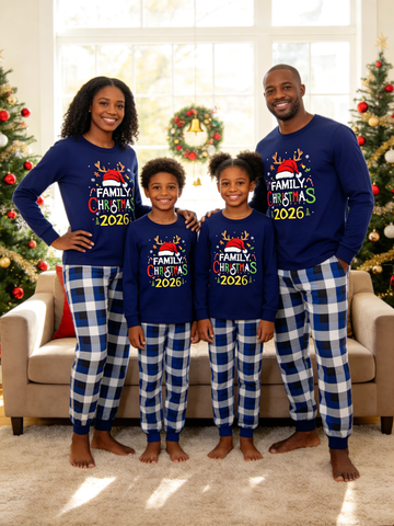 Family Matching Christmas Pajama Set 2026, Navy Christmas Letter Print Long?Sleeve Top, Blue White Plaid Pants With Pockets, Cozy Holiday Family Sleepwear for Xmas Photos