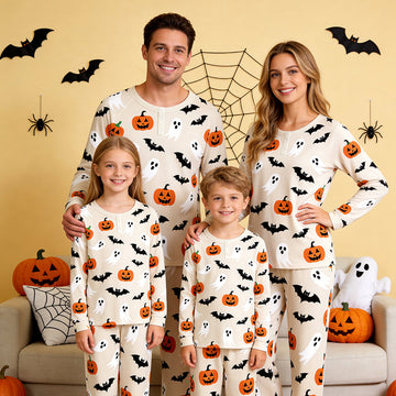 Classic Halloween Pumpkin, Ghost & Bat Print Matching Family Pajama Set, Long Sleeve Henley Cotton Loungewear