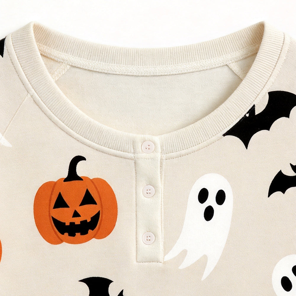 Classic Halloween Pumpkin, Ghost & Bat Print Matching Family Pajama Set, Long Sleeve Henley Cotton Loungewear