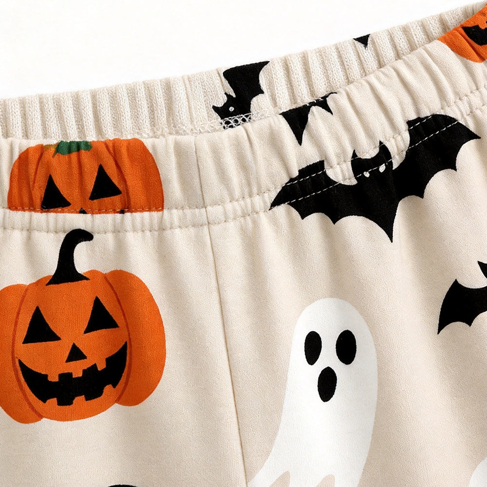 Classic Halloween Pumpkin, Ghost & Bat Print Matching Family Pajama Set, Long Sleeve Henley Cotton Loungewear