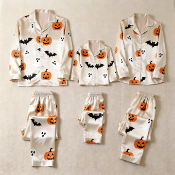 Cream Pumpkin Ghost & Bat Print Satin Button-Up Family Halloween Pajamas Set