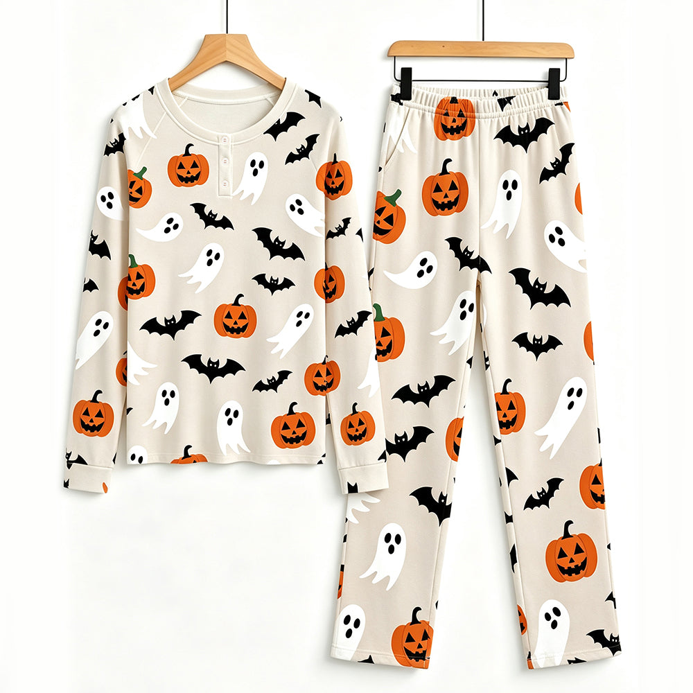 Classic Halloween Pumpkin, Ghost & Bat Print Matching Family Pajama Set, Long Sleeve Henley Cotton Loungewear