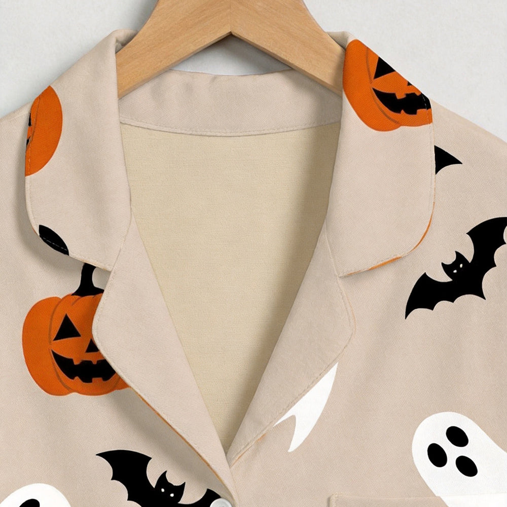 Classic Halloween Pumpkin, Ghost & Bat Print Matching Family Pajama Set, Button-Down Cotton Loungewear
