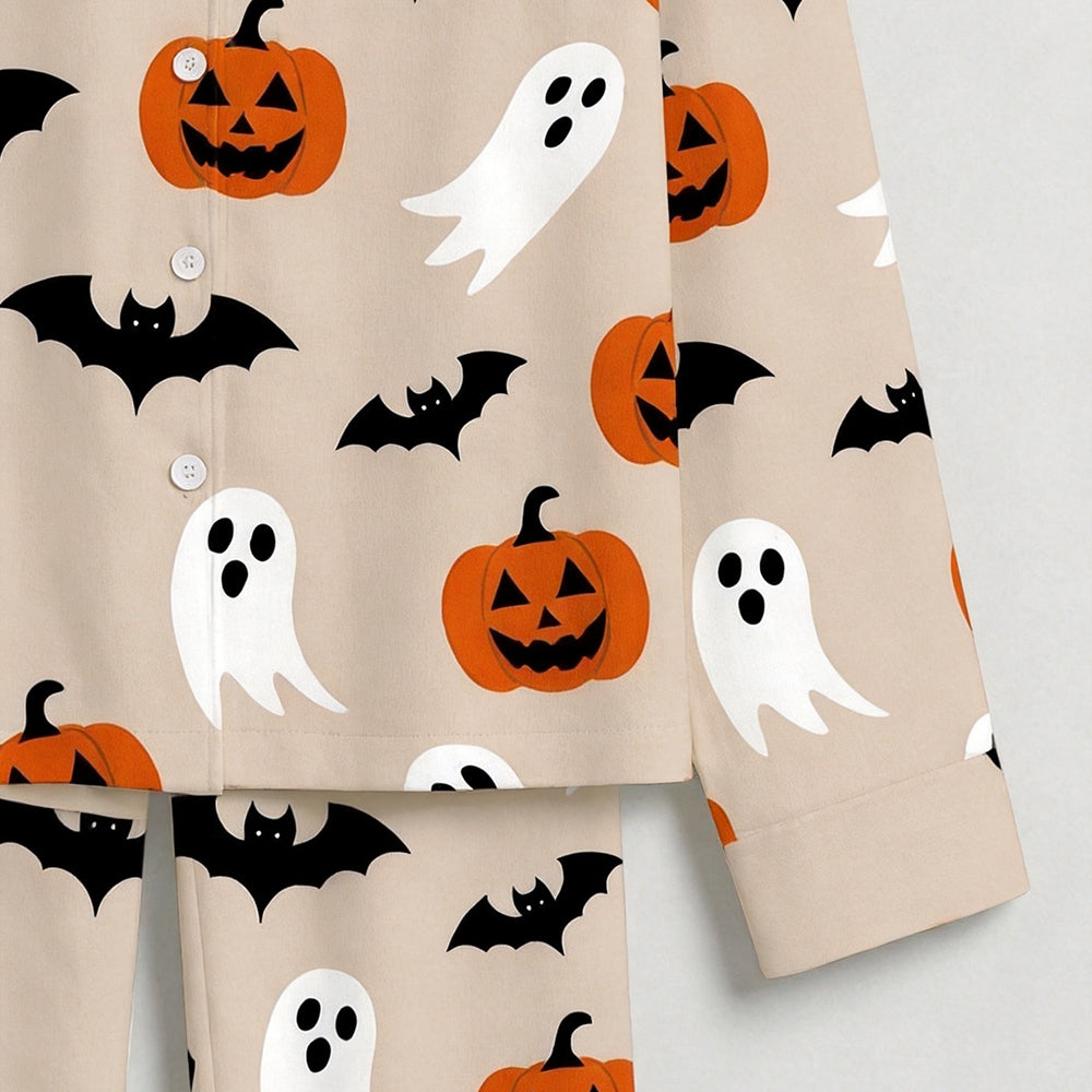 Classic Halloween Pumpkin, Ghost & Bat Print Matching Family Pajama Set, Button-Down Cotton Loungewear