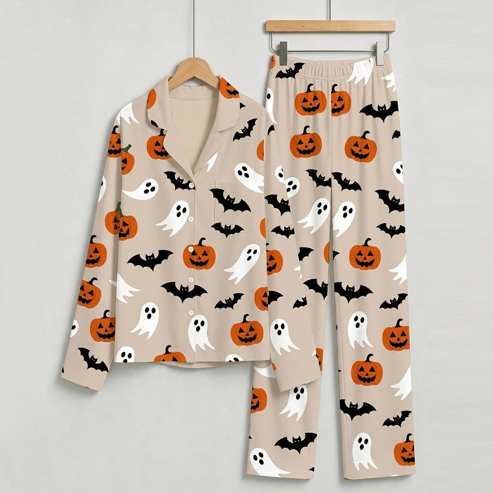 Classic Halloween Pumpkin, Ghost & Bat Print Matching Family Pajama Set, Button-Down Cotton Loungewear