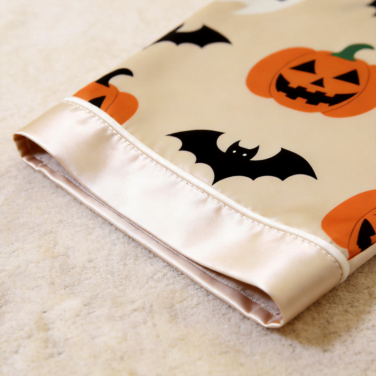 Halloween Pumpkin and Ghost Satin Matching Pajamas for Couples – Long Sleeve Button-Down Top & Pants Sleepwear Set