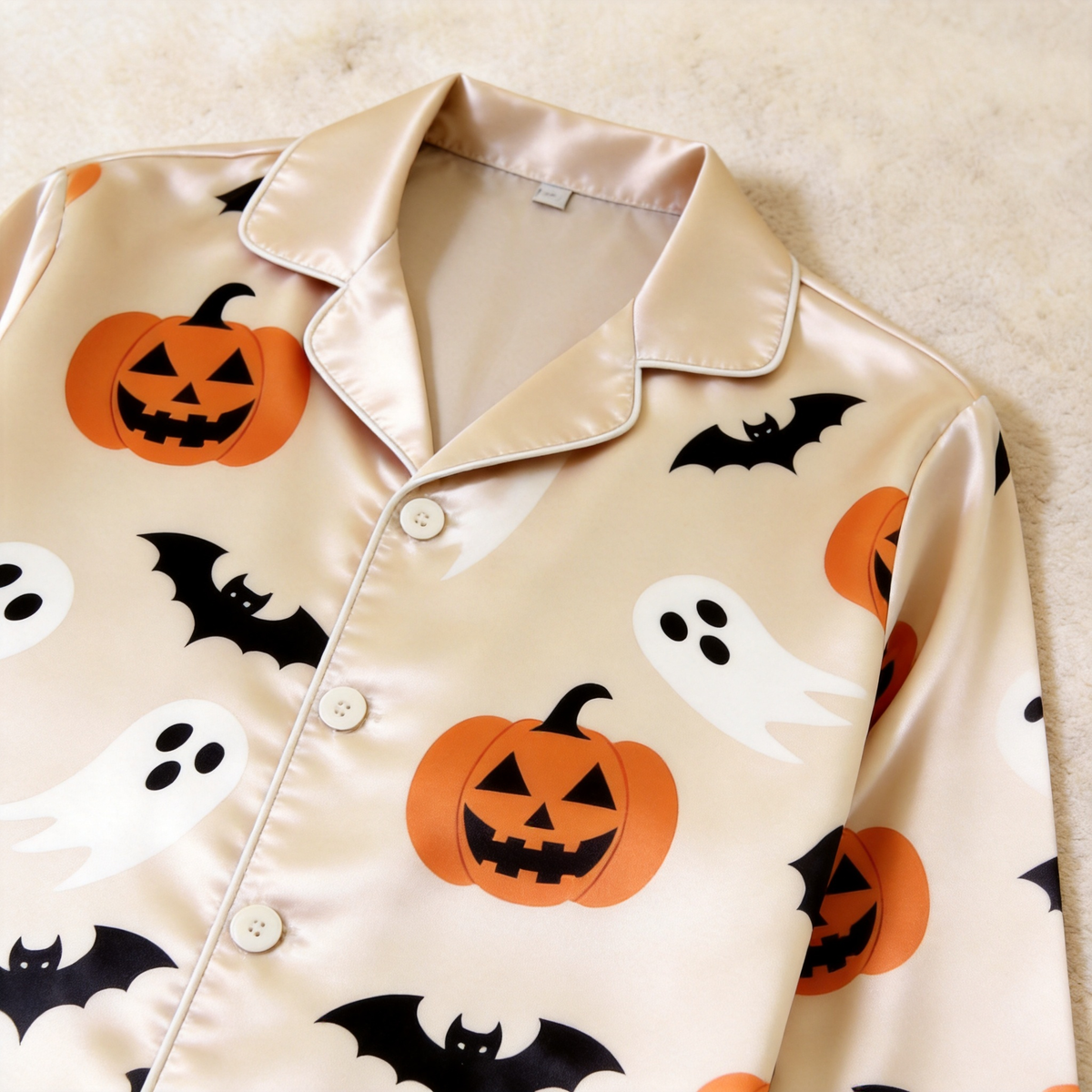 Halloween Pumpkin and Ghost Satin Matching Pajamas for Couples – Long Sleeve Button-Down Top & Pants Sleepwear Set