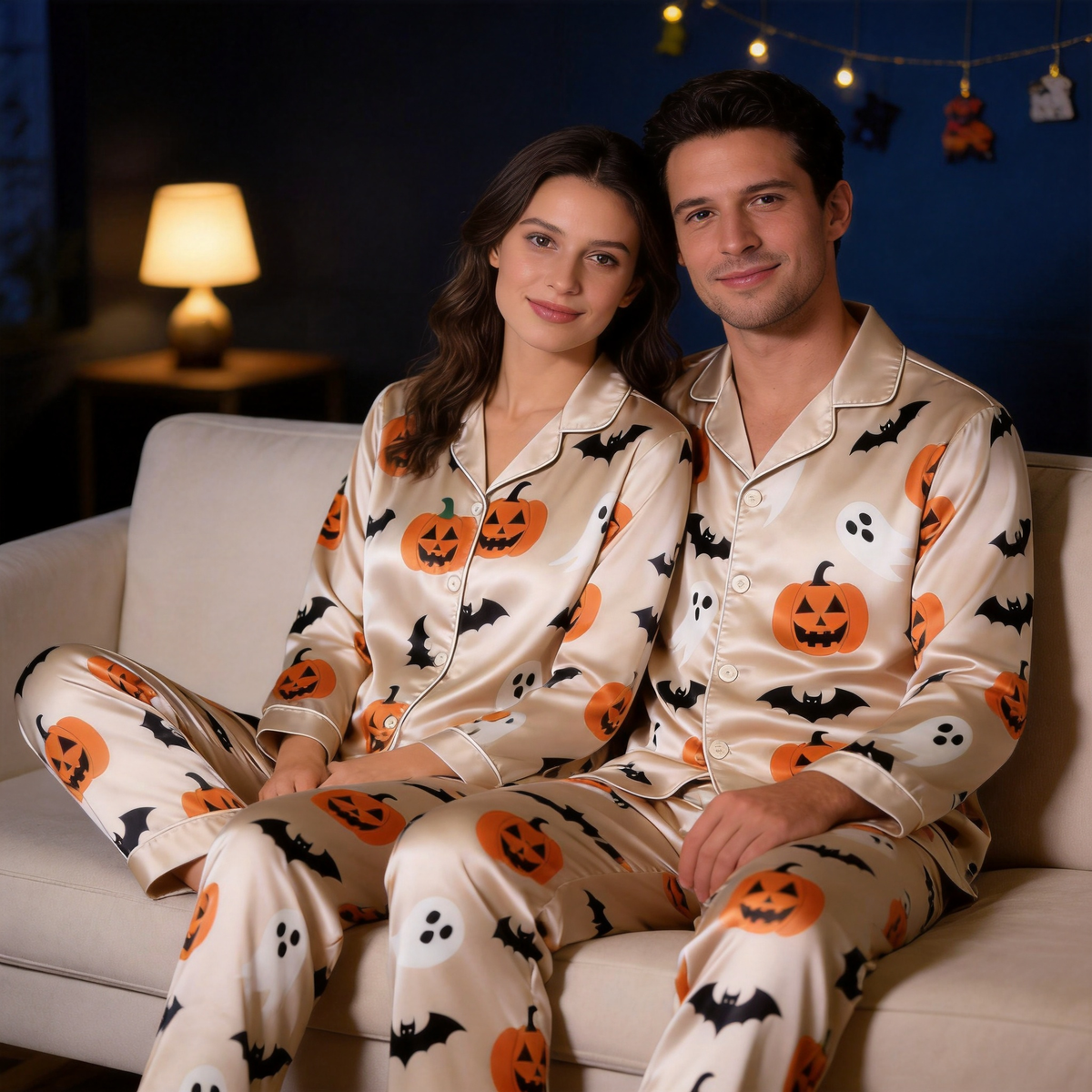 Halloween Pumpkin and Ghost Satin Matching Pajamas for Couples – Long Sleeve Button-Down Top & Pants Sleepwear Set
